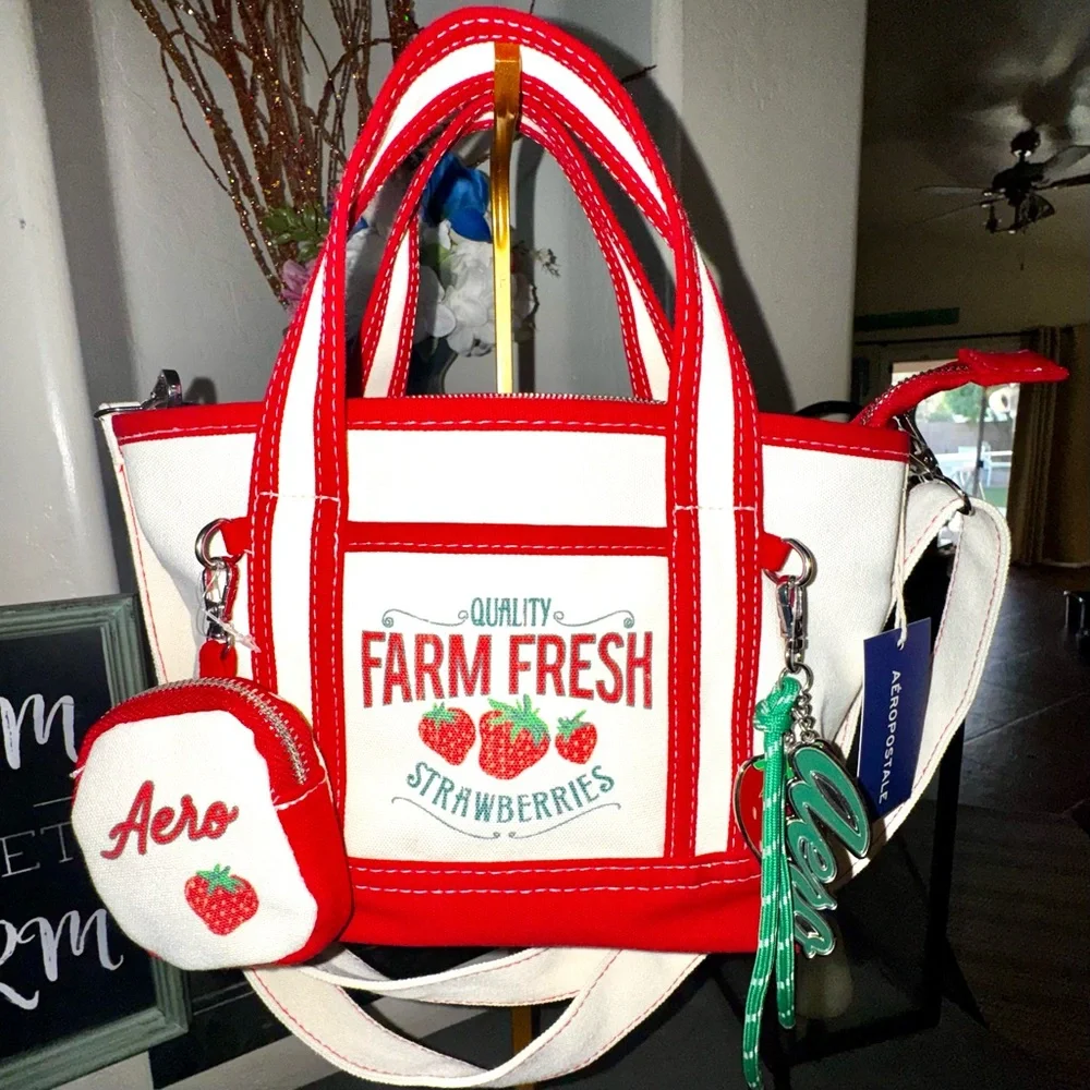 Aeropostale Red & White Farm Fresh Tote crossbody Bag w coin purse & charms NWT - Picture 1 of 16